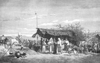 The market in Riureni in Wallachia, 1869, Romania, Historical, Reproduction from an original with a