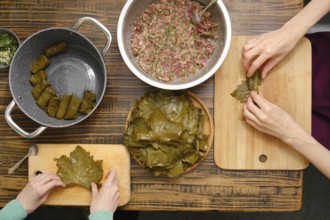 Overhead view of hands making dolma using vine leaves and a ground meat on a kitchen table