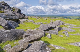 Stones and landscape at the top Tor tor rock hill in Dartmoor National Park. Widecombe-in-the-Moor,