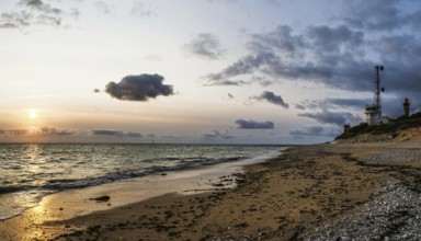 Panorama of Sunset over beach of WHALE LIGHTHOUSE, Saint-Clement-des-Baleines, Atlantic, France