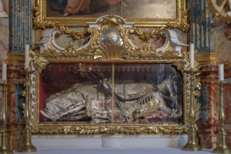 Catracomb Saint Clemens, laid in a glass coffin, Baroque parish church of St Nicholas, 1725,