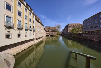 Heilig-Geist-Spital, Spital-Apotheke, historical buildings, river Pegnitz, facade, windows, trees,