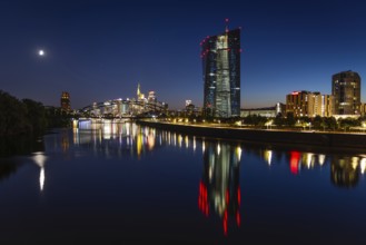 The European Central Bank (ECB) and the Frankfurt banking skyline are reflected in the calm waters