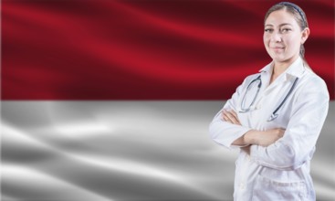 Female doctor on Monaco flag. Doctor with crossed arms on Monaco flag. Monaco health and care