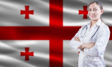 Female doctor on Georgia flag. Doctor with crossed arms on Georgia flag. Georgia health and care