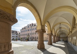View of Hotel Börse through the arches of the New Town Hall of Görlitz, Lower Market Square -
