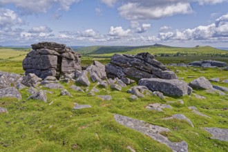 Stones and landscape at the top Tor tor rock hill in Dartmoor National Park. Widecombe-in-the-Moor,