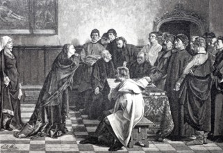 Mary of Burgundy begs the judges of Ghent for mercy for the councillors Hugonet and d'Himbercourt,