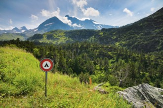Prohibition sign Camping Verboten im Alpenraum on the Susten Pass with Chli Sustenhorn and