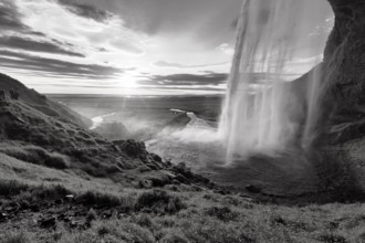 Seljalandsfoss at sunset, monochrome, Suðurland, Sudurland, near ring road, South Iceland, Iceland
