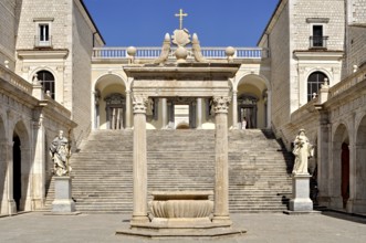 Bramante cloister with cistern and statues of St Benedict and St Scholastica of Nursia, Benedictine