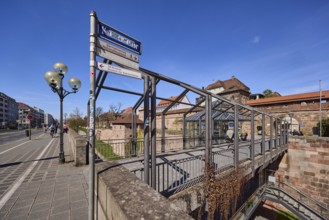 Old town, pedestrian bridge, city fortification, city wall, city gate, street sign, signpost,