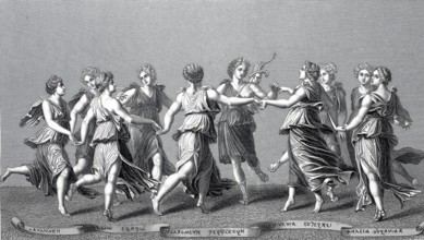 Apollo and the nine muses, steel engraving after a painting by Antoniazzo Romano, actually Antonio