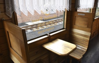 Buffet car, dining car of the Raging Roland on Rügen, Mecklenburg-Western Pomerania, Germany