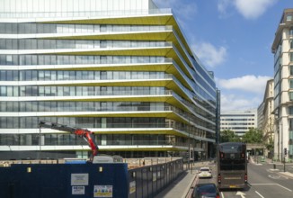 View from double decker bus window of Riverbank House, Upper Thames Street, London, England, UK