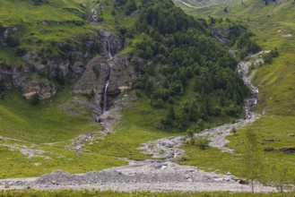 Waterfalls and green slopes in a rock face, Zinal valley, Val d'Anniviers, Valais Alps, Canton