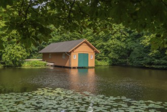 Boathouse at Meiereisee in Bürgerpark from 1866, landscape park with rivers and lakes, garden