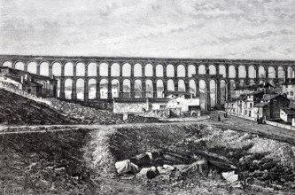 The ancient Roman water conduit, aqueduct, in Segovia, around 1890, Spain, Historical, digitally