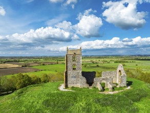 Burrow Mump from a drone, Southlake Moor, Burrowbridge, Taunton, Somerset, England, United Kingdom