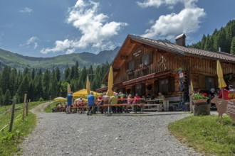 Bärgunthütte, Bärgunttal, behind mountains of the Allgäu Alps, near Baad, Kleinwalsertal, Allgäu