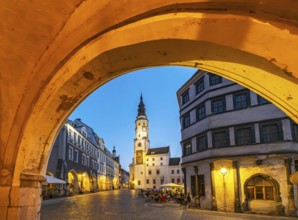 Night-time view of Untermarkt - Lower Market Square and the Old Town Hall Clock Tower, Görlitz,