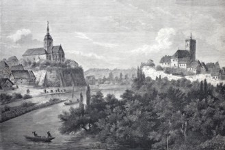View of Lauffen am Neckar, 1869, Castle and Regiswindiskirche, District of Heilbronn,