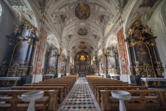 Interior with side altars and high altar with Lenten cloth, Wilten Abbey, Klostergasse 7, Wilten,