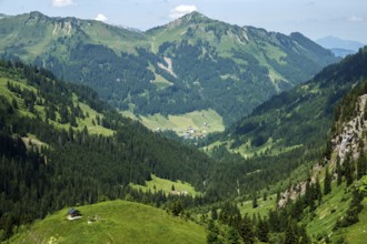 View from the hiking trail to the Hochalp Pass into Kleinwalsertal, behind Walmendinger Horn,