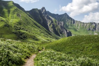Hiking trail to the Hochalp Pass, Bärgunttal, behind Höferspitze, Weißer Schrofen and Heiterberg,