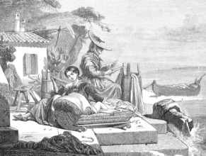 A fishing family from Nice mending nets, France, Historical, Reproduction from a model with a scene
