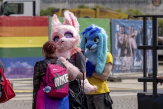 Participants with plush bunny masks, so-called furries, at Christopher Street Day in Leipzig on 28
