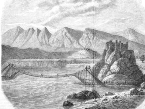 Rope bridge over the Jhelam near Sirinagur, Srinagar, Kashmir, India, Historical, Reproduction from