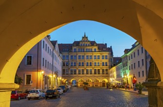 Night-time view of the Lower Market Square and the New Town Hall of Görlitz, Goerlitz, Germany