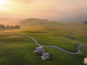 Hilly landscape at dusk in a harmonious atmosphere, Alpe di Siusi, Dolomites, South Tyrol, Italy