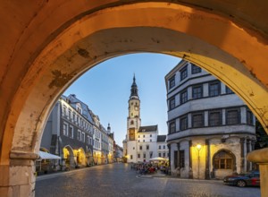 View of Untermarkt - Lower Market Square and the Old Town Hall Clock Tower, Görlitz, Goerlitz,