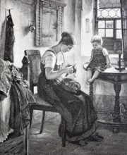 Preparing lunch, woman peeling potato, child sitting on the table and watching, c. 1888,