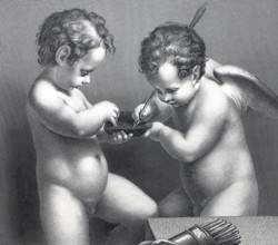 Cupids, figure of a naked, winged boy, as companion of the Roman god of love, putti, steel