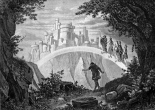 The final scene from Rheingold, the gods walk on the rainbow bridge to Valhalla, historical,