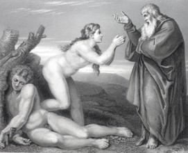 The Creation of Eve by God, steel engraving after a painting by Michelangelo, Sistine Chapel,