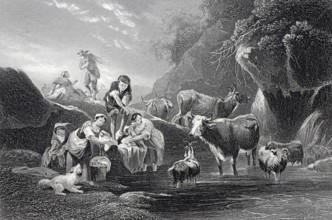 The watering place, woman washing clothes at the spring and the animals drinking the water, steel