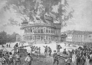 The fire at the court theatre in Dresden, 21 September 1869, Germany, Historical, Reproduction from