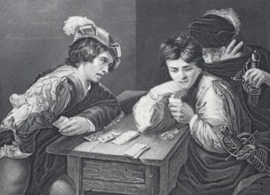 The players, two men playing cards for money, a third looks on, steel engraving after a painting by