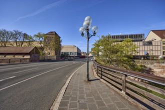 Traffic area, general architecture, lantern, trees, wooden fence, pavement, pavement slabs, city