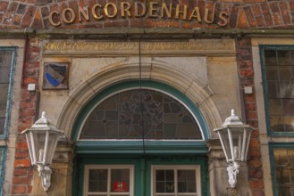 Entrance to the Concordenhaus, student fraternity T.V. Concordia from 1895, lamps, stained glass,