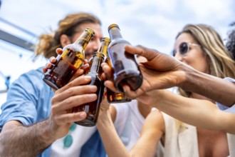 Group of friends celebrating on a rooftop, raising their beer bottles high for a joyful toast,