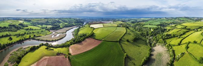 Panorama of Farms and Fields over River Dart from a drone, Stoke Gabriel, Totnes, Devon, England,