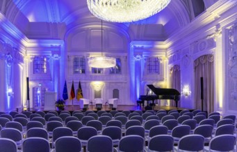 New Palace, White Hall. Interior view of the historic ballroom with festive lighting and rows of