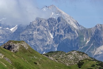View from the Hochalp Pass, behind Biberkopf, Allgäu Alps, near Hochkrumbach, Vorarlberg, Austria