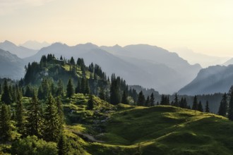 View from the Pragel Pass over the Muota Valley in the evening light, Central Swiss Alps, Canton