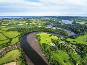 Farms and Fields over River Dart from a drone, Stoke Gabriel, Totnes, Devon, England, United
